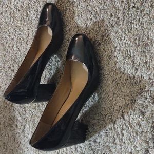 Closet purge Calvin Klein Cirilla patent leather block heels with gold hardware